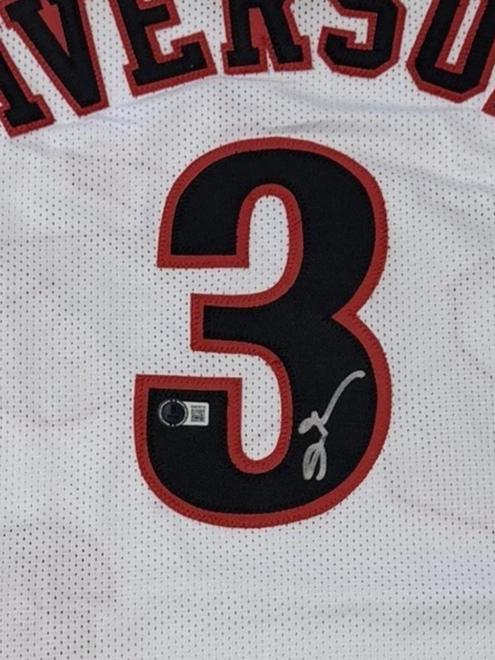 Authentic Allen Iverson Signed White Mesh Jersey with Black and Red Number 3